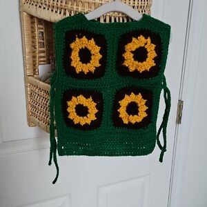Handmade Green and Yellow Crochet Kids Vest W Side Ties, Sunflower Print